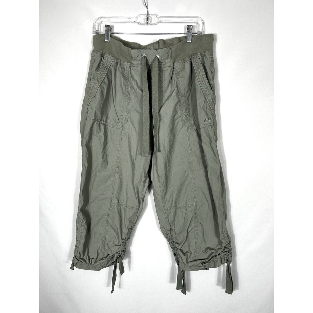 Vtg Calvin Klein Womens Cargo Capri Pants Sage Green Size XL Drawstring Utility